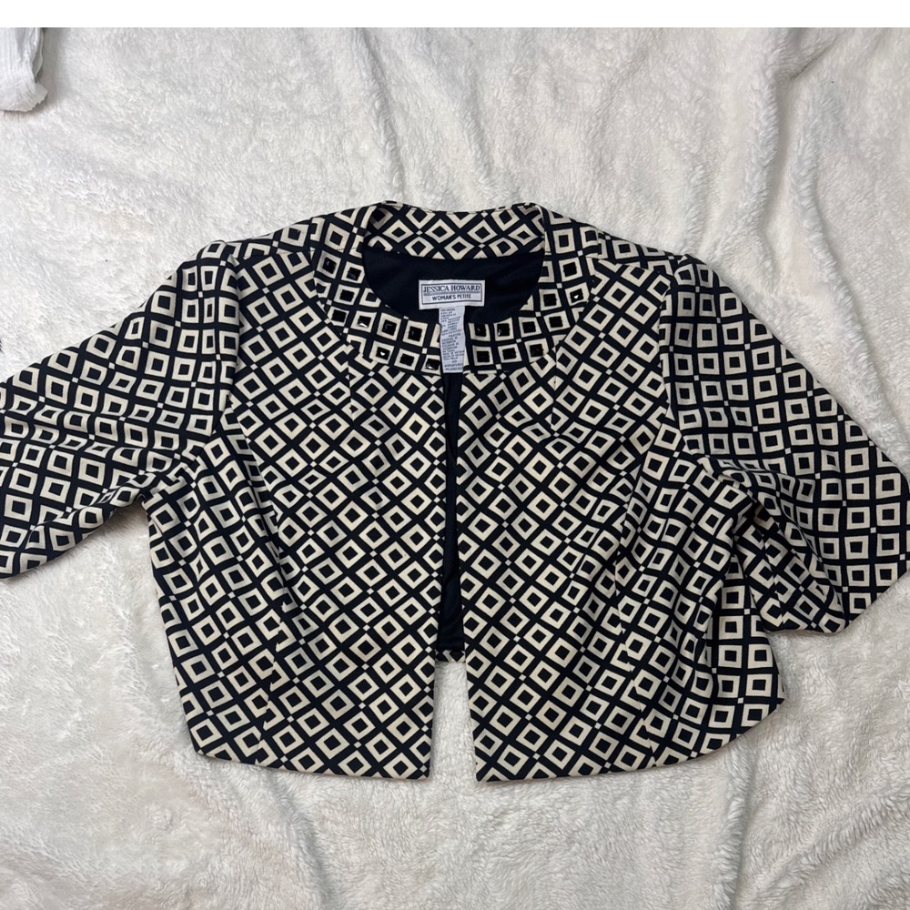 Jessica Howard Black White Geometric Studded Cropped Blazer Jacket Womens 20WP